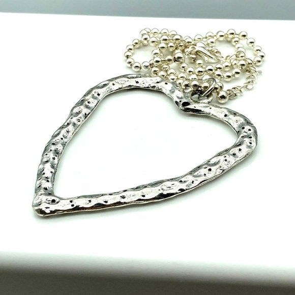 Hammered Heart Open Pendant Necklace, Big and Bold Silver Tone Bead Chain - Picture 4 of 4